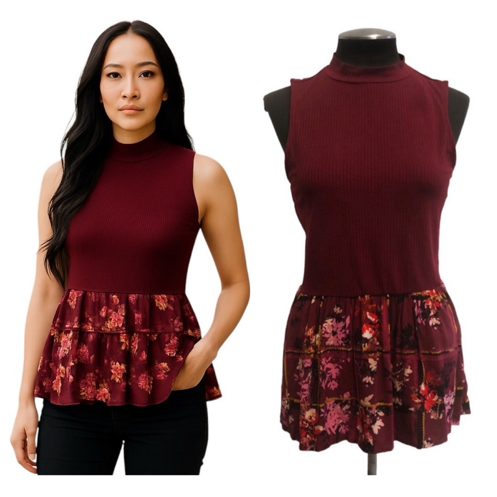Candie's Burgundy Floral Peplum Blouse
